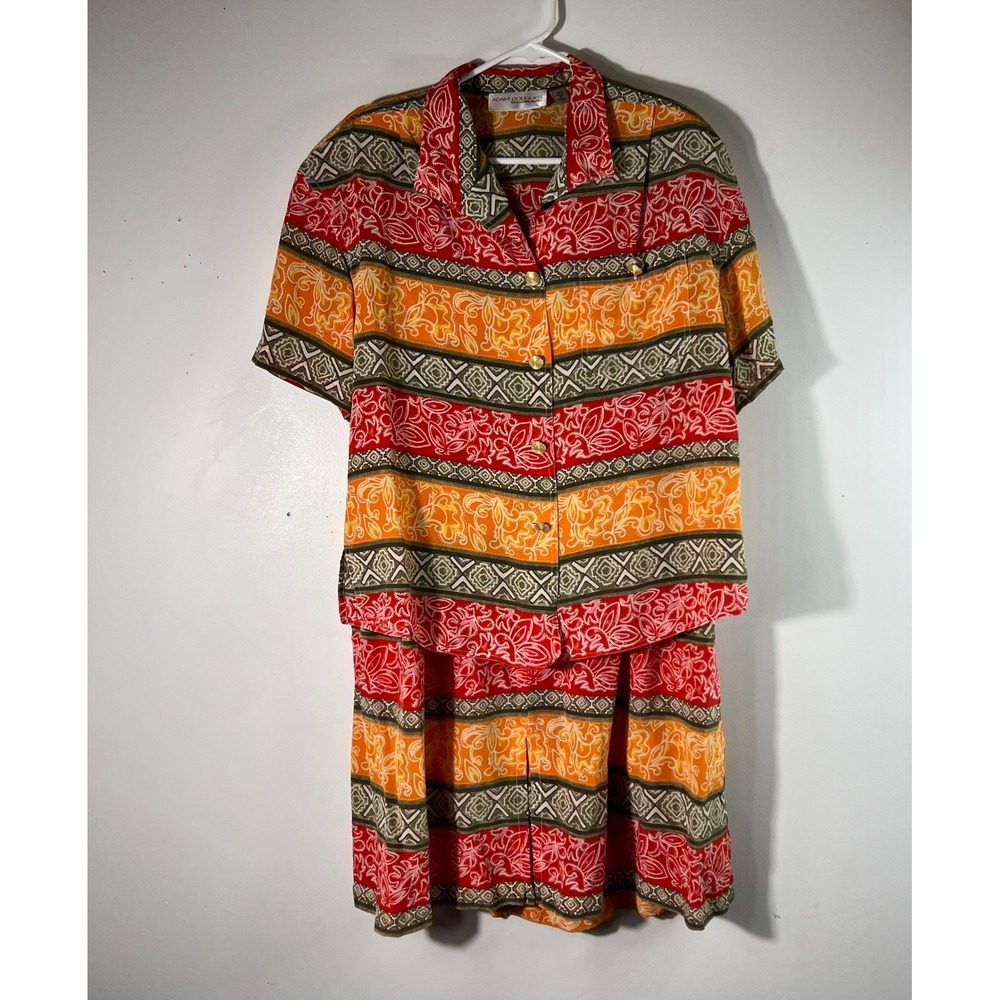 Adam Douglas Vintage 90s 2 Piece Silk Skirt Set Red Orange Floral Geometric XL